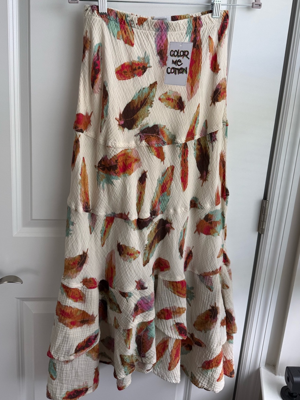 CMC Color Me Cotton Leaf Feather Midi Skirt Bohemian Made in USA Tiered Boho NWT
